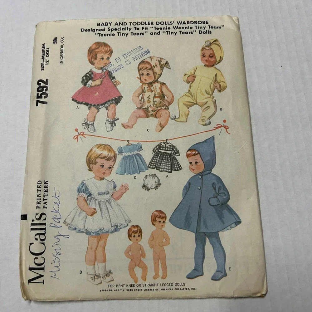McCalls Vintage 1960's Pattern  #7592 Baby Toddler Doll Wardrobe Size M 12